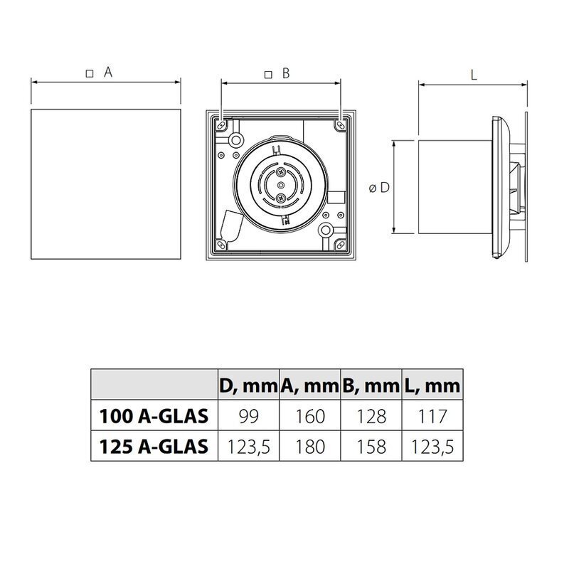 Izplūdes Ventilators Vlano A-GLAS BK ar Melnu Stikla Paneli cena un informācija | Ventilatori vannas istabai | 220.lv