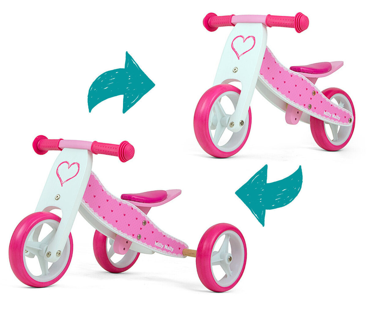 Balansa trīsritenis/velosipēds Milly Mally Jake Hearts, rozā цена и информация | Balansa velosipēdi | 220.lv