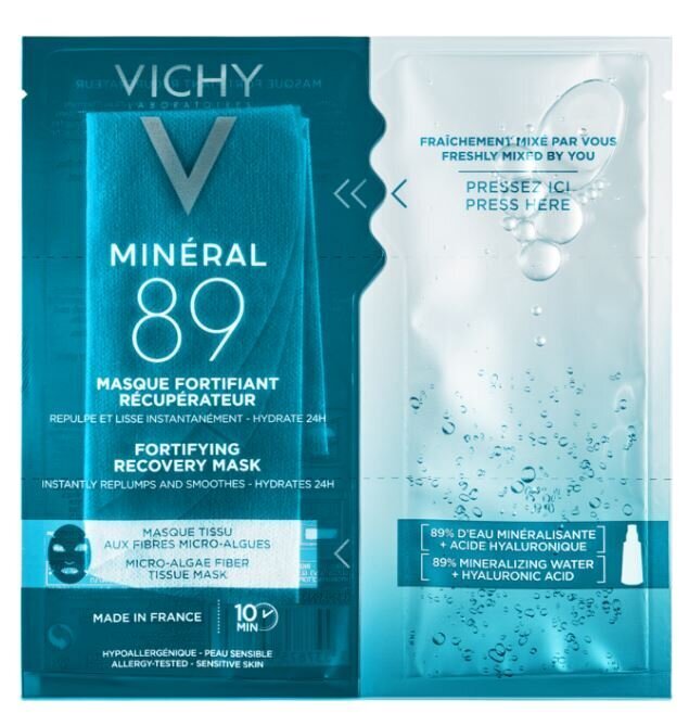 Mitrinoša lokšņu sejas maska Vichy Mineral 89, 29.2 g cena un informācija | Sejas maskas, acu maskas | 220.lv