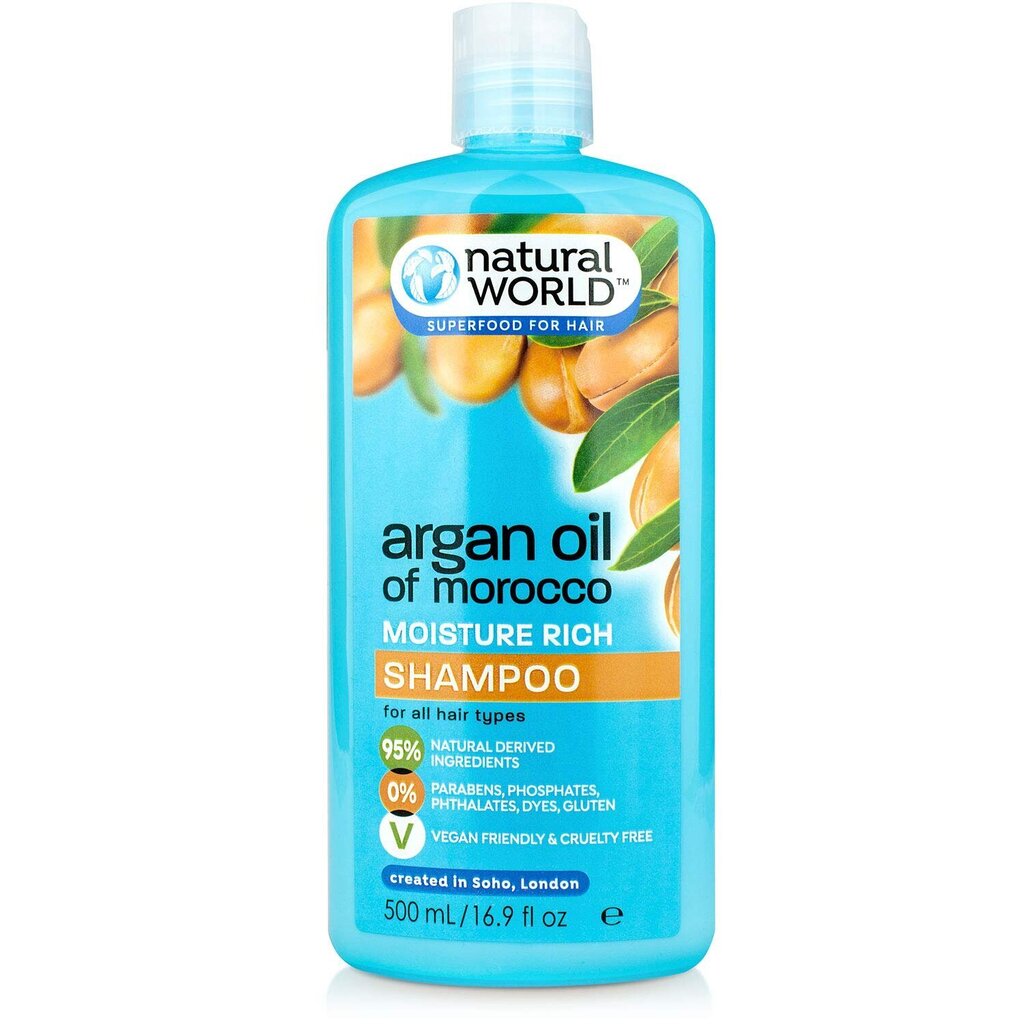 Natural World Margan Argan Oil Moisture Rich šampūns 500ml cena un informācija | Šampūni | 220.lv