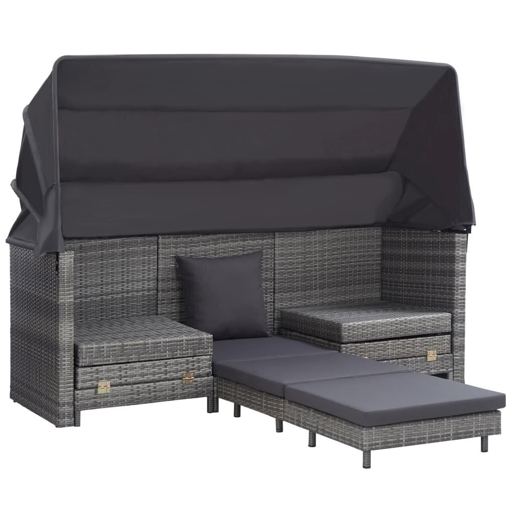 vidaXL izvelkams dīvāns ar jumtu, trīsvietīgs, pelēka PE rotangpalma cena un informācija | Dārza krēsli | 220.lv