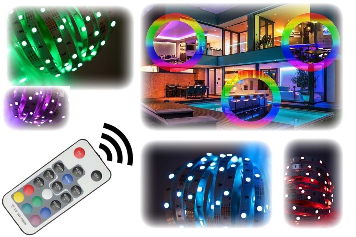Mitrumizturīgais RGB LED lentes 5m (300 leds 5050) komplekts ar RF vadību cena un informācija | LED lentes | 220.lv