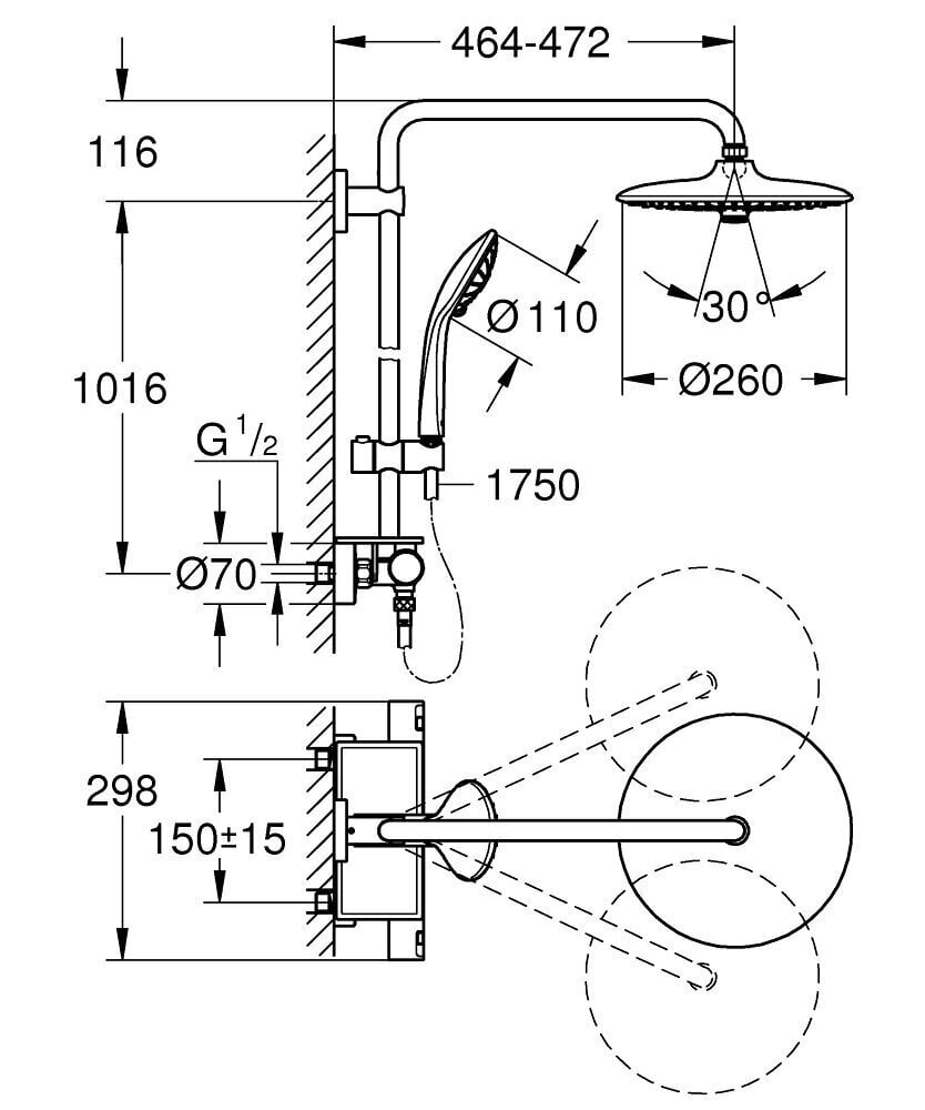 Grohe Vitalio Joy 260 termostata dušas sistēma, hroms, 26403001 cena un informācija | Dušas komplekti un paneļi | 220.lv