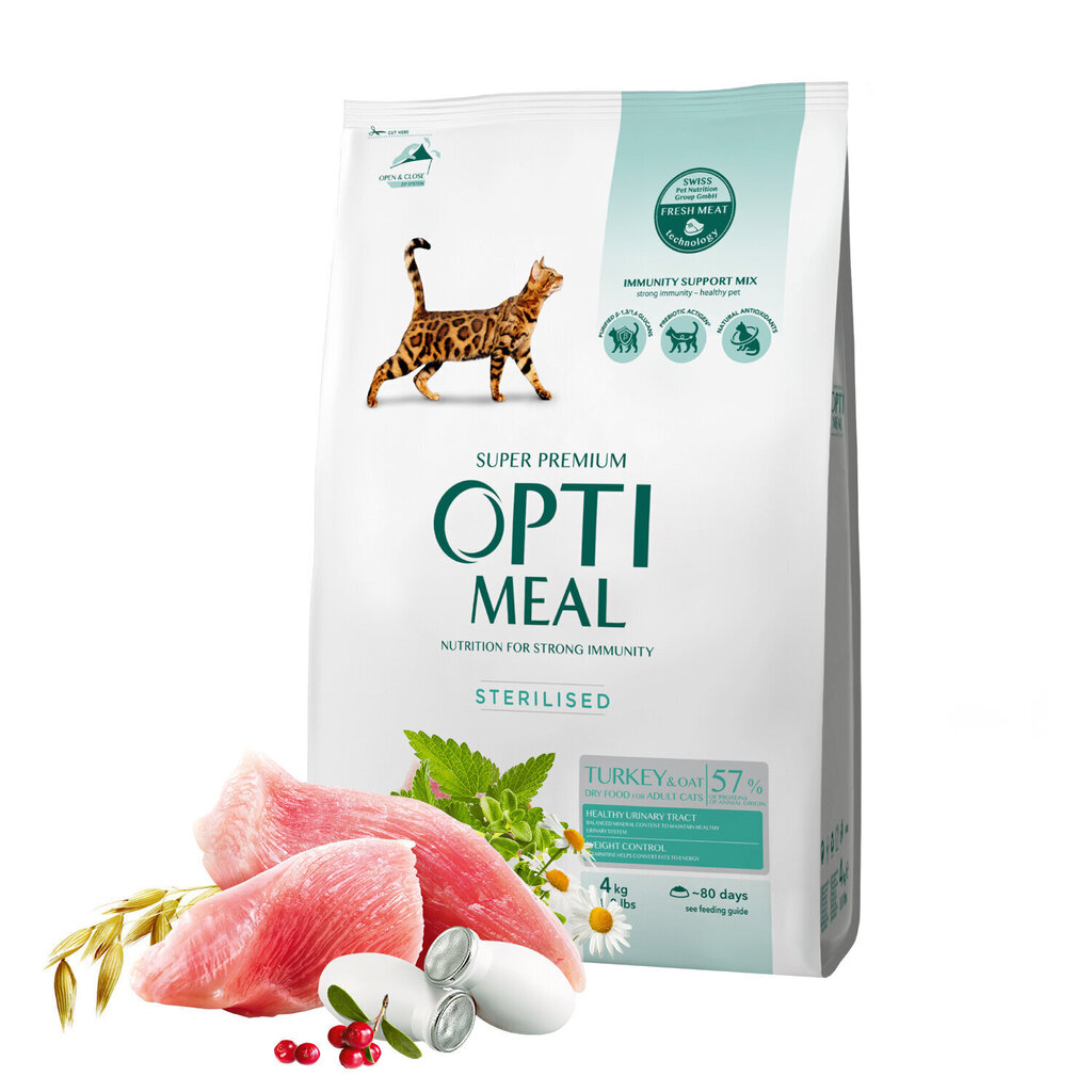 Optimeal Super Premium pilnvērtīga sausā barība ar tītaru un auzām sterilizētiem kaķiem, 4 kg cena un informācija | Sausā barība kaķiem | 220.lv