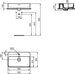 Керамический умывальник Ideal Standard Strada II прямоугольной формы на столешницу, 60x40 см, белый, T299801 цена и информация | Раковины | 220.lv