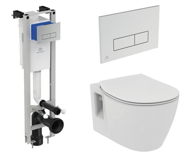 Komplekts: sienas tualetes pods Ideal Standard WC Connect RIM, lēni aizverams vāks, rāmis Prosys Eco WC, balta poga E803501 / E772401 / E2332AC cena un informācija | Tualetes podi | 220.lv