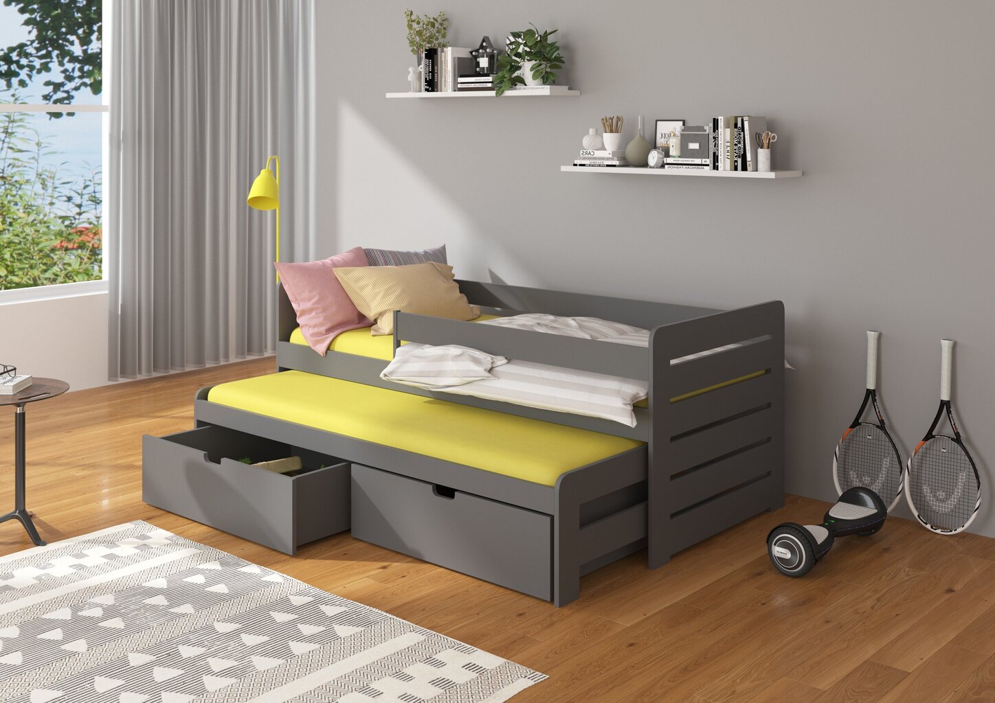 Bērnu gulta ADRK Furniture Tomi 200x90 ar sānu aizsardzību, tumši pelēka cena un informācija | Bērnu gultas | 220.lv