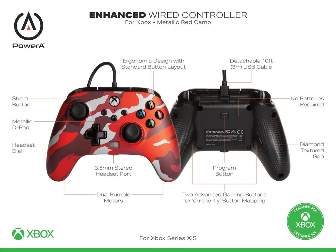 Spēles Kontrole XBOX ENHANCED WIRED METALL Sarkans cena un informācija | Spēļu kontrolieri | 220.lv