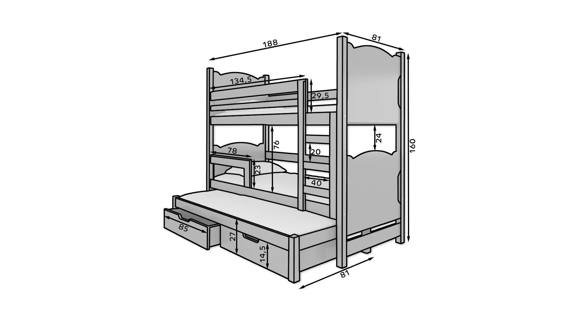 Divstāvu gulta Adrk Furniture Leticia, 180x75/172x75 cm, balta cena un informācija | Bērnu gultas | 220.lv