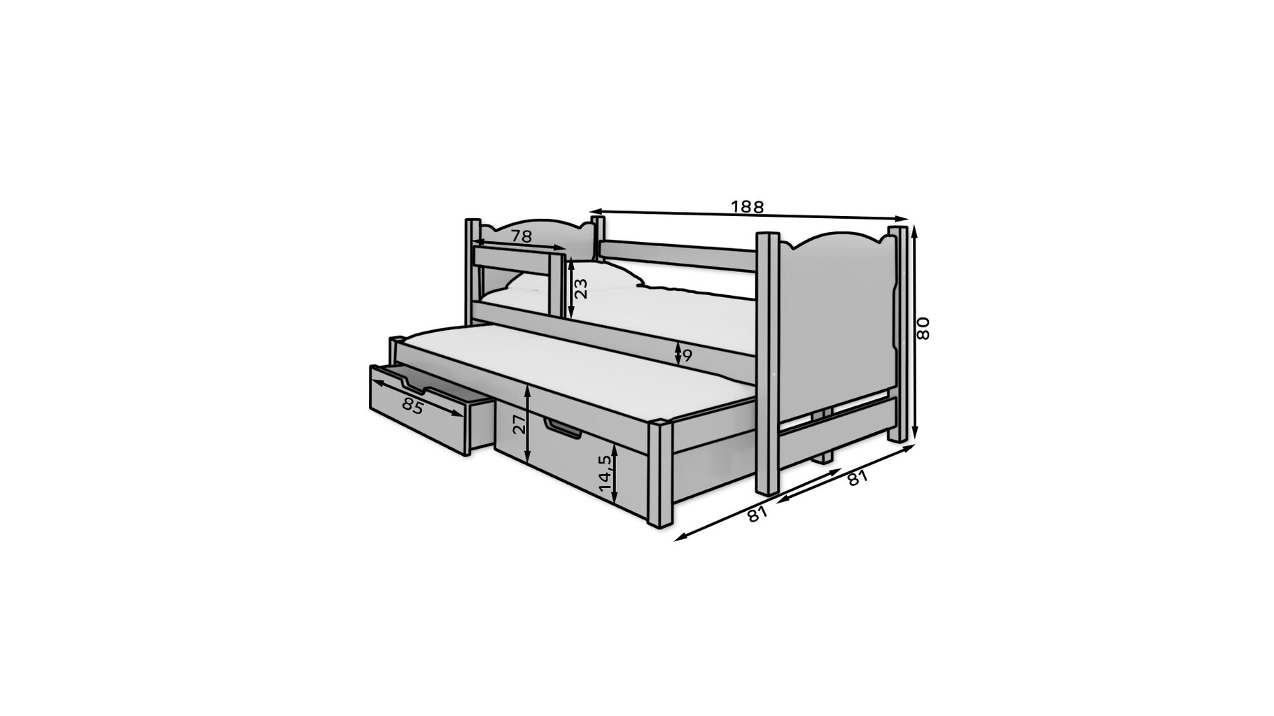 Bērnu gulta Adrk Furniture Campos 180x75/172x75 cm, balta cena un informācija | Bērnu gultas | 220.lv