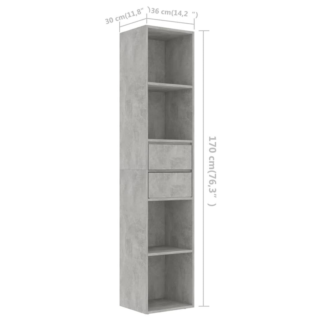 vidaXL grāmatu plaukts, betona pelēks, 36x30x171 cm, skaidu plāksne cena un informācija | Plaukti | 220.lv