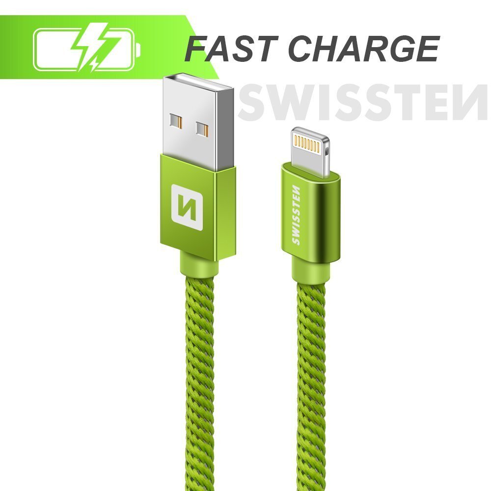 Swissten Textile Fast Charge 3A Lighthing (MD818ZM/A) Datu un Uzlādes Kabelis 2m Zaļš cena un informācija | Kabeļi un vadi | 220.lv