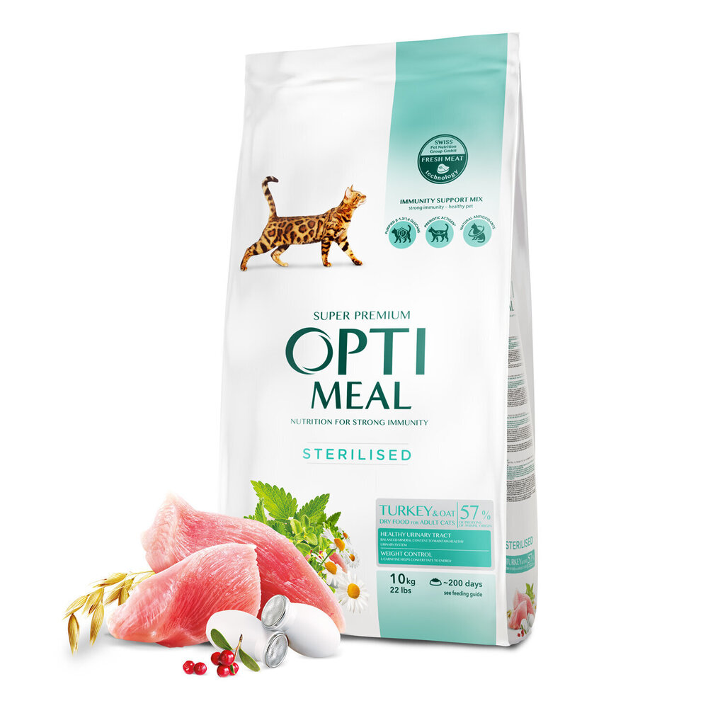 Optimeal™ super premium Pilnvērtīga sausā barība ar tītaru un auzām sterilizētiem kaķiem, 10 kg цена и информация | Sausā barība kaķiem | 220.lv