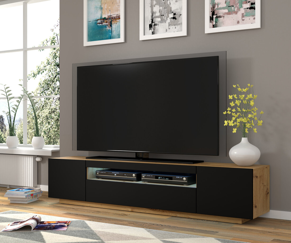 TV galdiņš RTV Aura 200 ar LED apgaismojumu, brūns/melns цена и информация | TV galdiņi | 220.lv