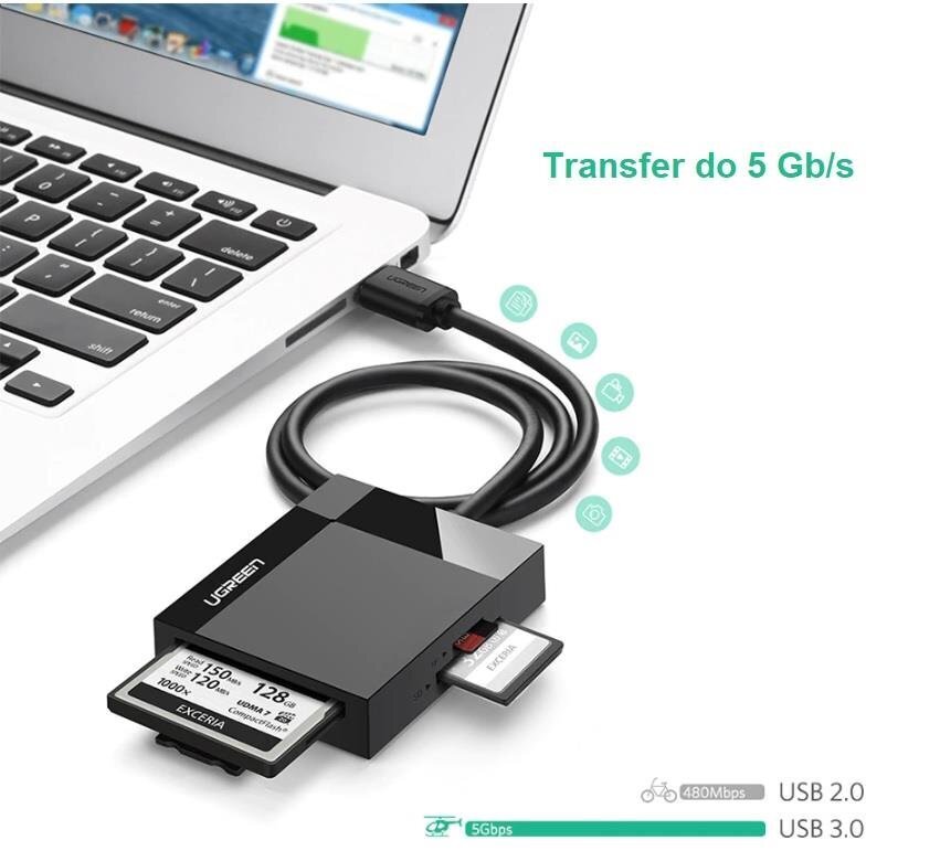 Ugreen CR125 USB 3.0 karšu lasītājs, 1 m, melns cena un informācija | Adapteri un USB centrmezgli | 220.lv