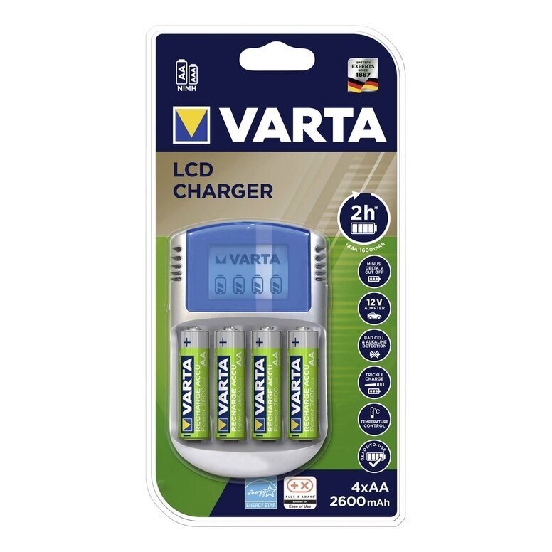 LCD lādētājs ar 4 AA baterijām 2600 mAh Varta 57070 cena un informācija | Akumulatori, lādētāji un piederumi | 220.lv