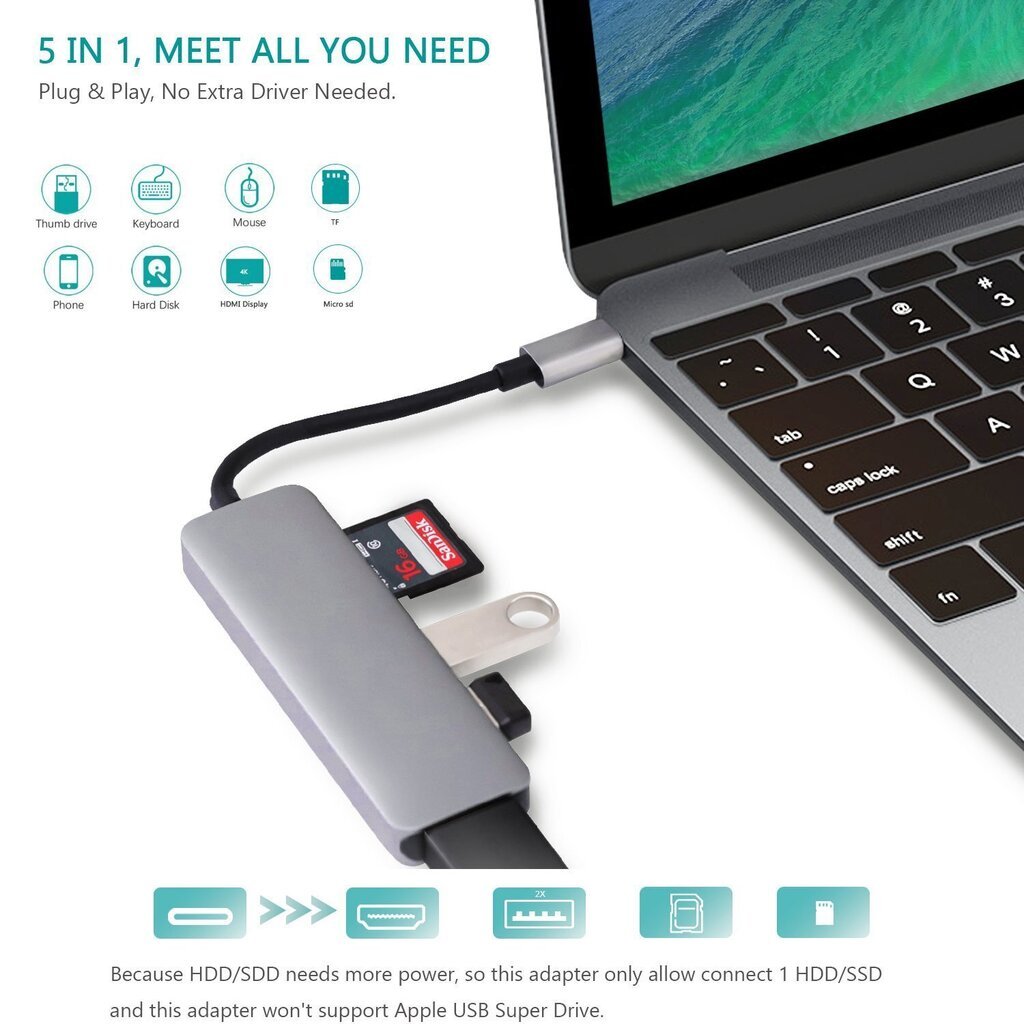 RoGer USB-C Hub 5in1 ar USB 3.0 x2 / HDMI / SD karšu lasītājs / TF karšu lasītājs cena un informācija | Adapteri un USB centrmezgli | 220.lv