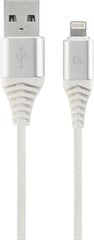 Gembird USB Male - Lightning Male Premium cotton braided 1m Silver/White cena un informācija | Kabeļi un vadi | 220.lv