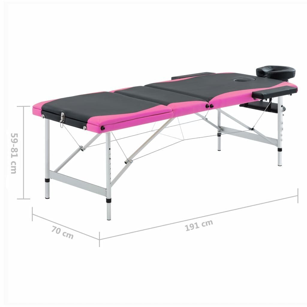 vidaXL saliekams masāžas galds, 3 daļas, alumīnijs, melns ar rozā цена и информация | Masāžas piederumi | 220.lv