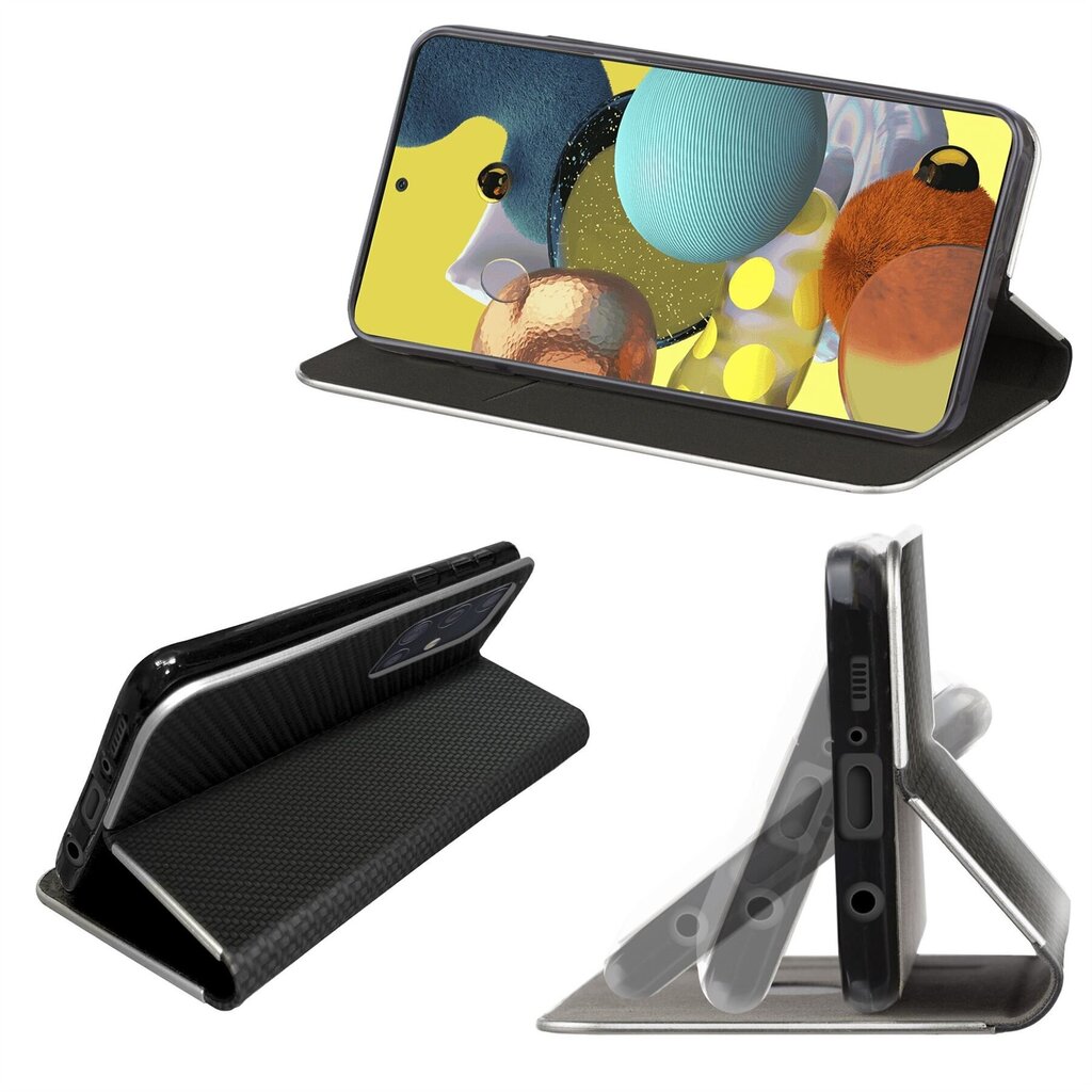 Moozy telefona maciņš - grāmatiņa ar karbona dizainu, saderīgs ar Samsung A51 – vāciņš ar metālisku maliņu, statīva funkciju un karšu turētāju, Melns cena un informācija | Telefonu vāciņi, maciņi | 220.lv