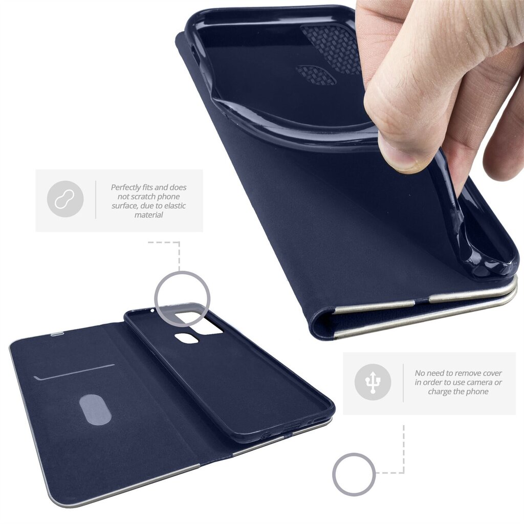 Moozy telefona maciņš - grāmatiņa ar karbona dizainu, saderīgs ar Samsung A21s – vāciņš ar metālisku maliņu, statīva funkciju un karšu turētāju, Tumši zils цена и информация | Telefonu vāciņi, maciņi | 220.lv