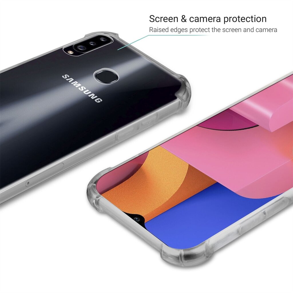 Moozy triecienizturīgs silikona telefona apvalks saderīgs ar Samsung A20s – caurspīdīgs vāciņš ar papildus stūru aizsardzību cena un informācija | Telefonu vāciņi, maciņi | 220.lv