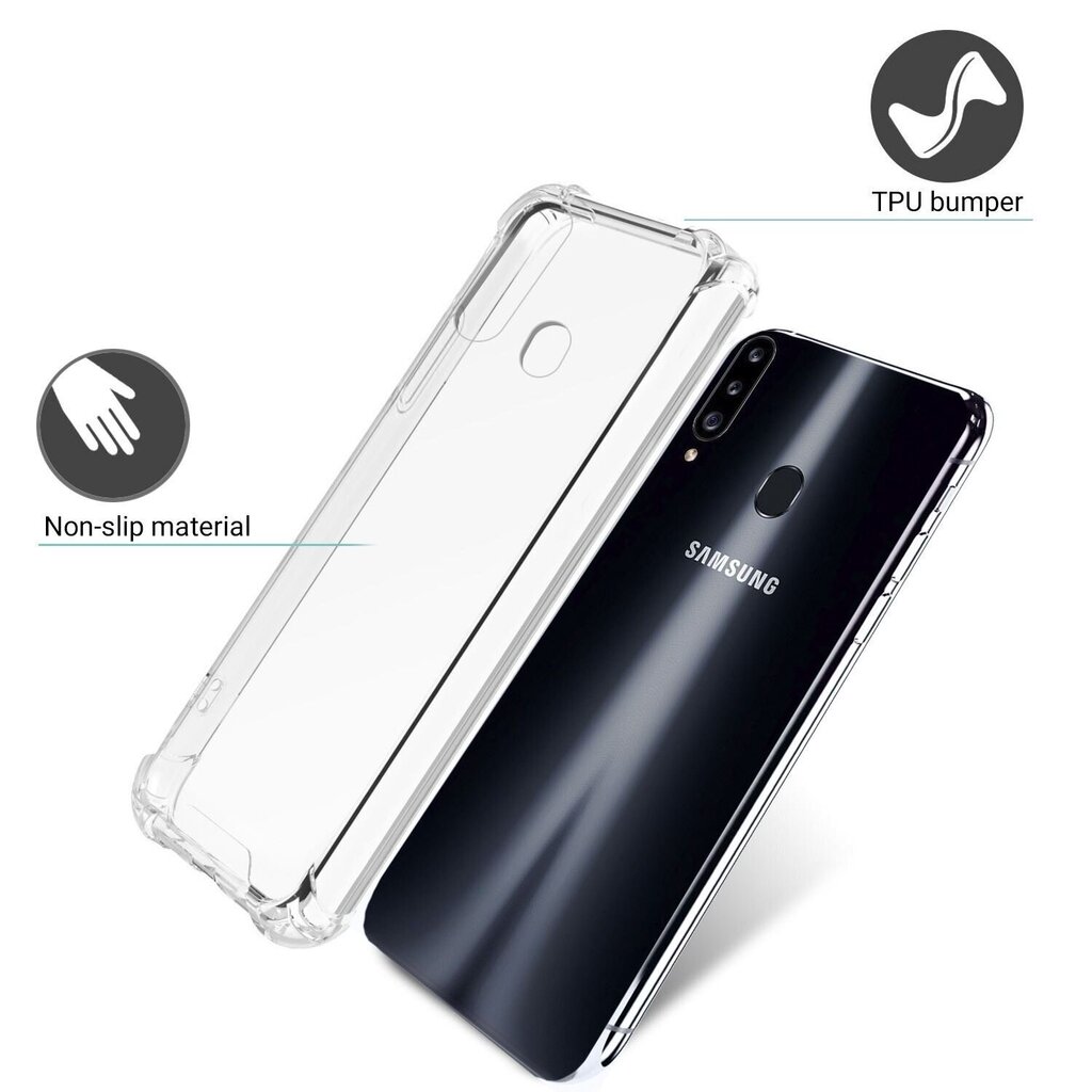 Moozy triecienizturīgs silikona telefona apvalks saderīgs ar Samsung A20s – caurspīdīgs vāciņš ar papildus stūru aizsardzību cena un informācija | Telefonu vāciņi, maciņi | 220.lv