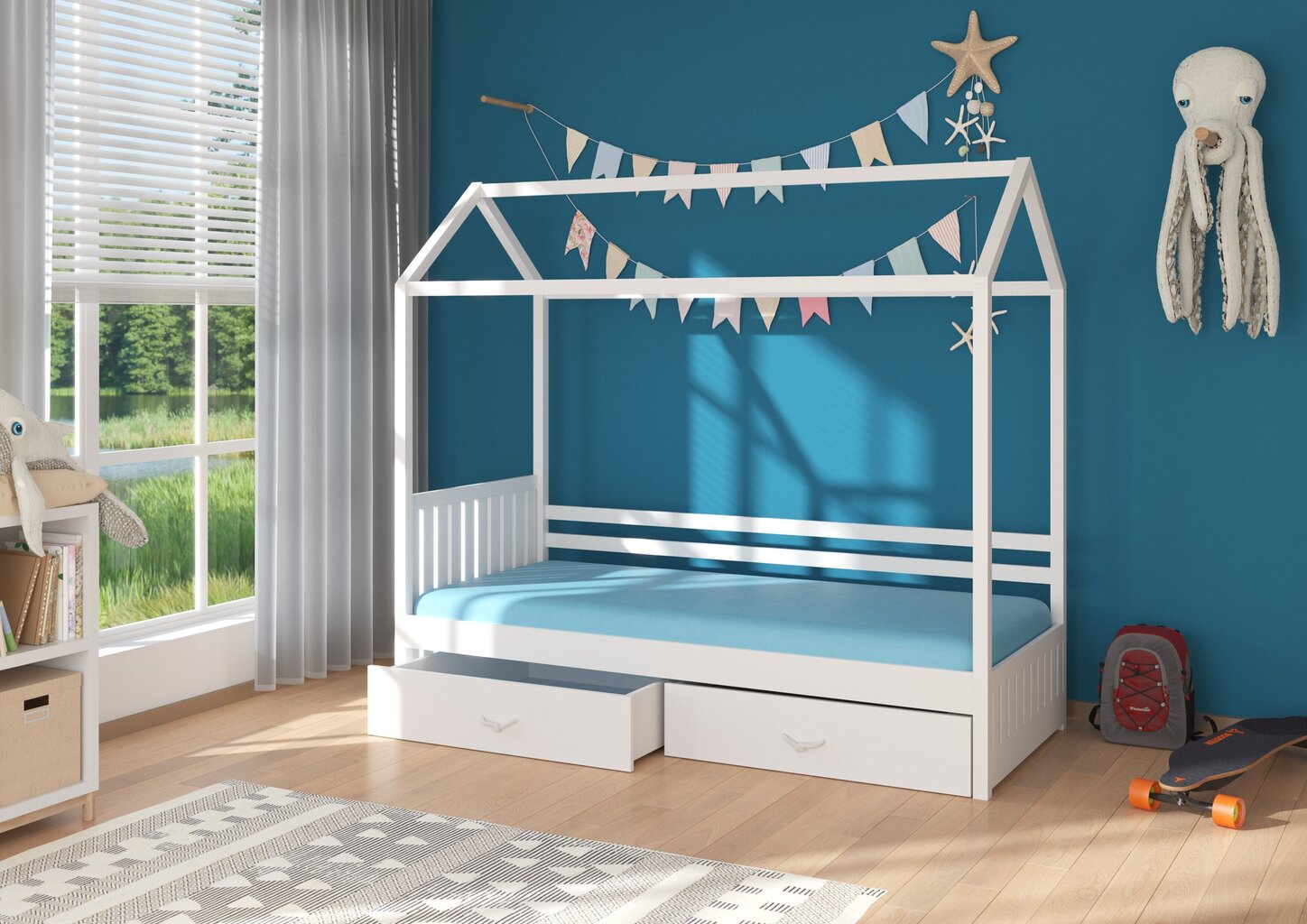 Gulta ADRK Furniture Rose 80x190 cm ar baldahīnu, balta/zila cena un informācija | Bērnu gultas | 220.lv