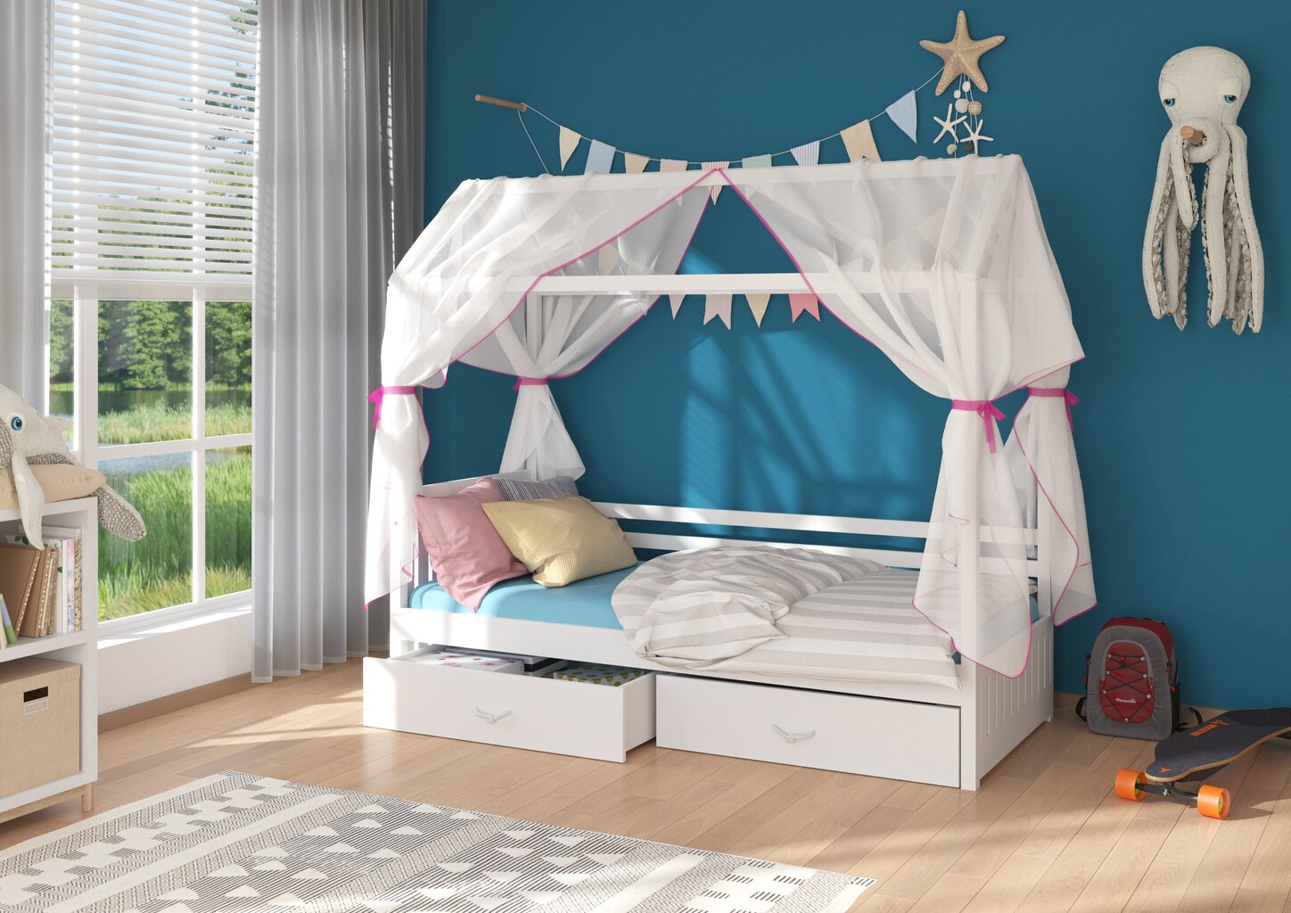 Gulta ADRK Furniture Rose 80x190 cm ar baldahīnu, balta/rozā cena un informācija | Bērnu gultas | 220.lv