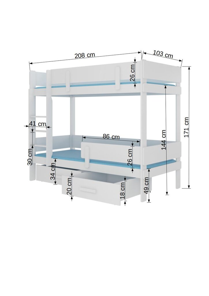 Divstāvu gulta ADRK Furniture Etiona 90x200cm, balta цена и информация | Bērnu gultas | 220.lv