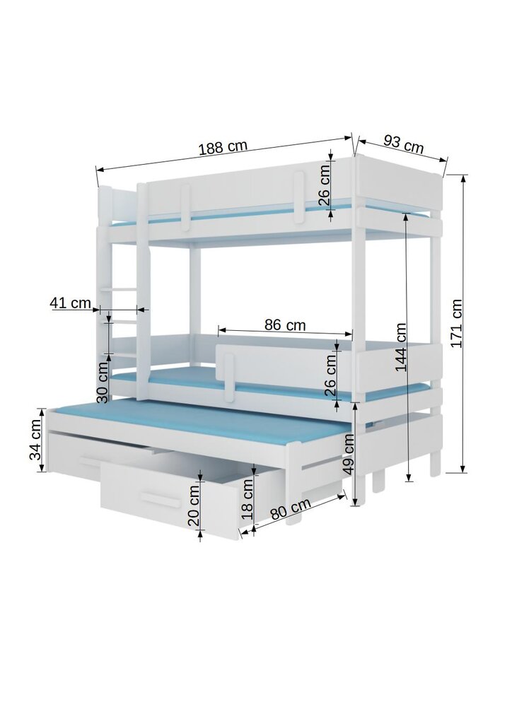 Divstāvu gulta ADRK Furniture Etapo 80x180cm, balta cena un informācija | Bērnu gultas | 220.lv