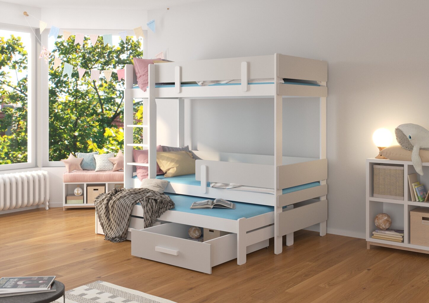Divstāvu gulta ADRK Furniture Etapo 90x200cm, balta/pelēka cena un informācija | Bērnu gultas | 220.lv
