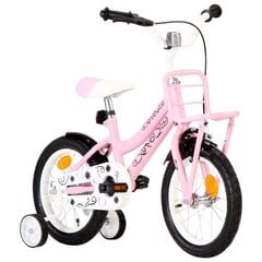 vidaXL bērnu velosipēds ar priekšējo bagāžnieku, 14 collas, balts,rozā цена и информация | Велосипеды | 220.lv