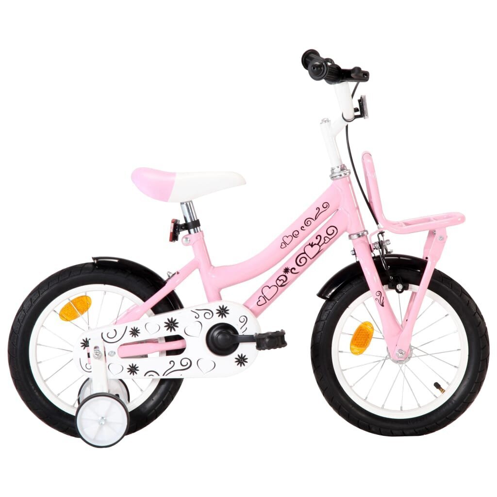 vidaXL bērnu velosipēds ar priekšējo bagāžnieku, 14 collas, balts,rozā цена и информация | Velosipēdi | 220.lv