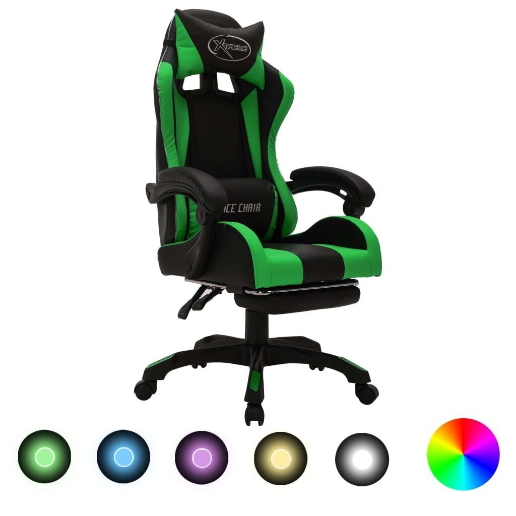 vidaXL datorspēļu krēsls ar LED gaismām, zaļš un melns, mākslīgā āda cena un informācija | Biroja krēsli | 220.lv
