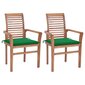 vidaXL ēdamistabas krēsli ar zaļiem spilveniem, 2 gab., tīkkoks cena un informācija | Dārza krēsli | 220.lv