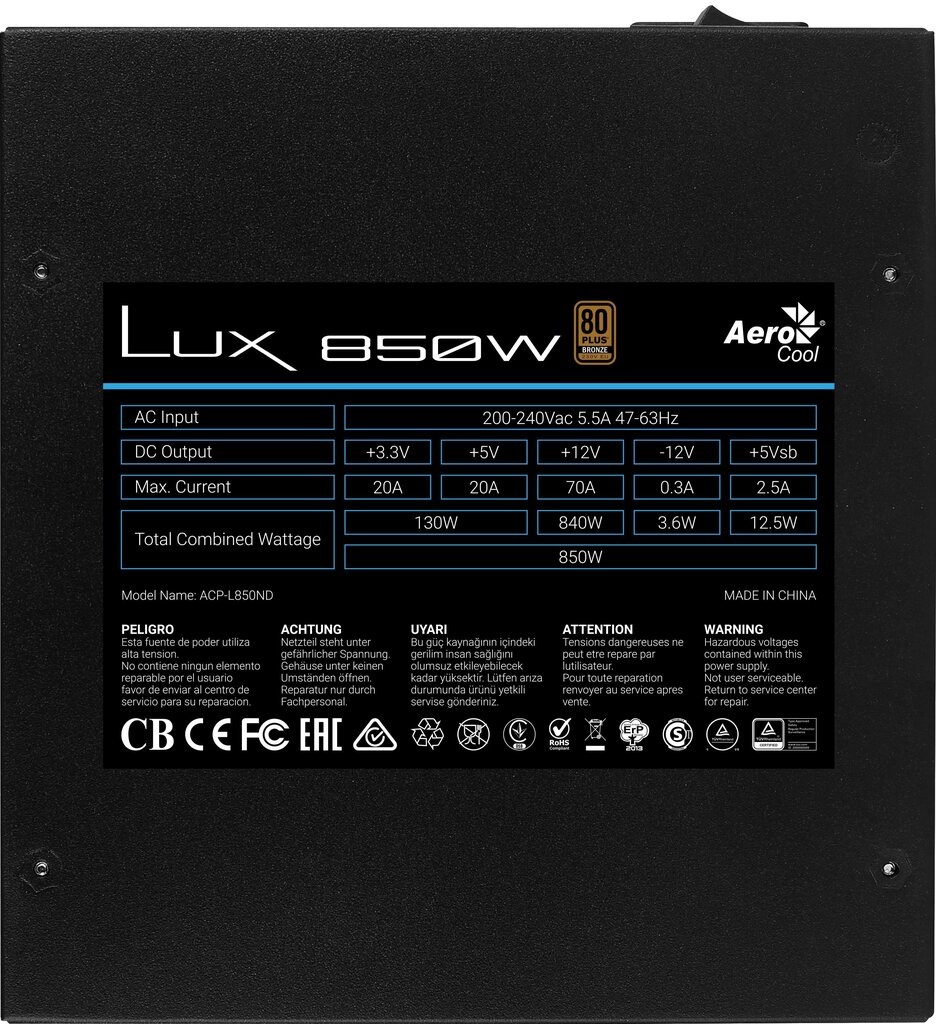 Aerocool Aerolux-850-80BRONZE cena un informācija | Barošanas bloki (PSU) | 220.lv