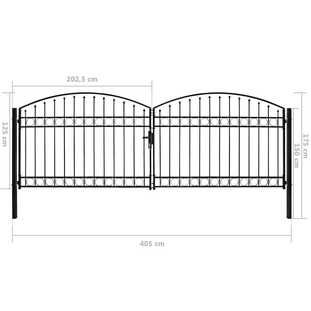 vidaXL - divviru žoga vārti, arkveida forma, melni, 400x125 cm, tērauds cena un informācija | Žogi un piederumi | 220.lv