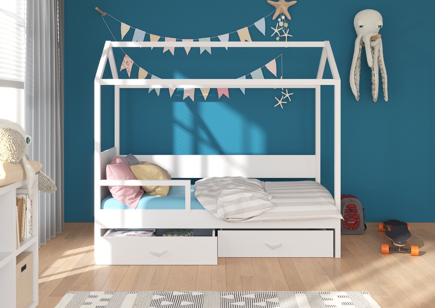 Gulta ADRK Furniture Otello 90x200 cm ar sānu aizsardzību un baldahīnu, balta/rozā cena un informācija | Bērnu gultas | 220.lv
