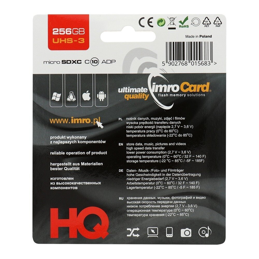 Atmiņas karte Imro microSD 256GB with adapter / Class 10 UHS 3 cena un informācija | Atmiņas kartes mobilajiem telefoniem | 220.lv