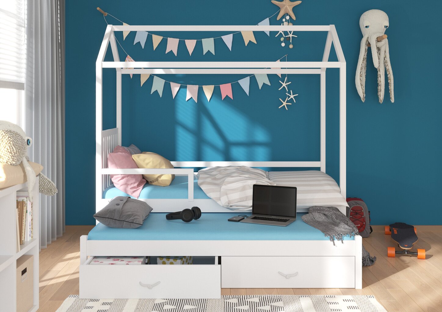 Gulta ADRK Furniture Jonasek ar sānu aizsardzību 80x180cm, balta ar zilu baldahīnu цена и информация | Bērnu gultas | 220.lv
