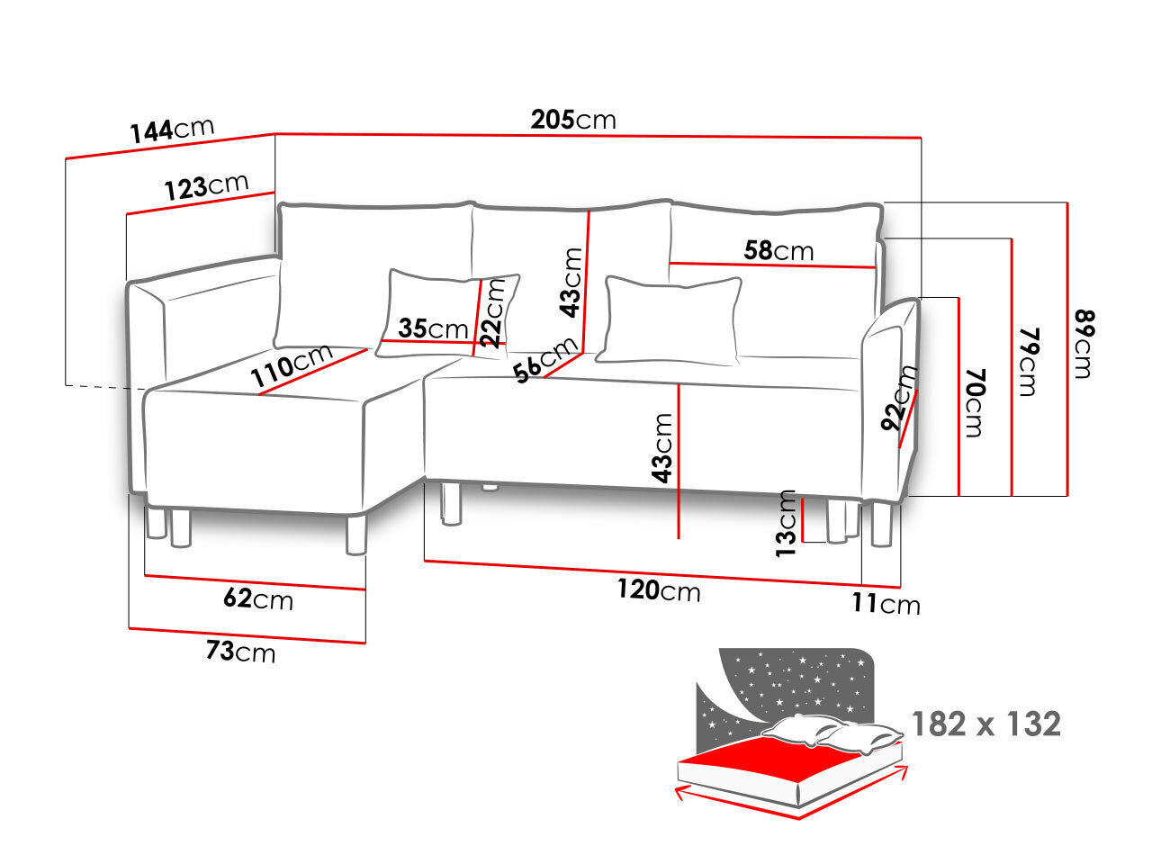 Stūra Dīvāns Debian-Lawa 06, 182x132cm, pelēks cena un informācija | Dīvāni | 220.lv