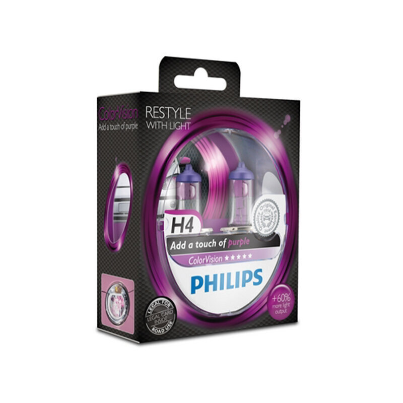 PHILIPS autospuldze H4 12V 60/55W ColorVision rozā, 2 gab. blisteris cena un informācija | Auto spuldzes | 220.lv