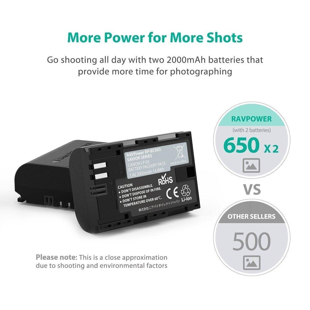 Divkāršs akumulatoru un lādētāju komplekts, RAVPower RP-BC003 cena un informācija | Akumulatori fotokamerām | 220.lv
