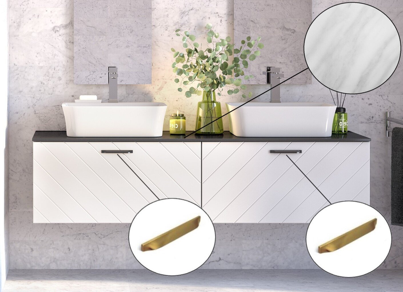 Dubults vannas istabas skapītis Besco Floo 160 ar Slim marble galda virsmu, balts/zelta cena un informācija | Vannas istabas skapīši | 220.lv