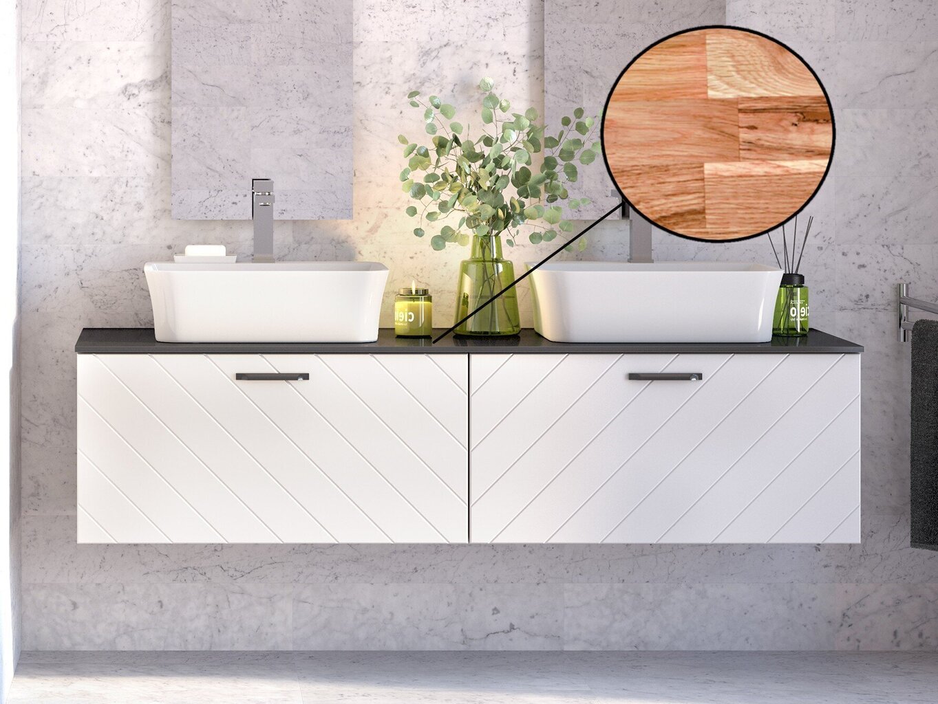 Dubults vannas istabas skapītis Besco Floo 160 ar Oak galda virsmu, balts/melns cena un informācija | Vannas istabas skapīši | 220.lv
