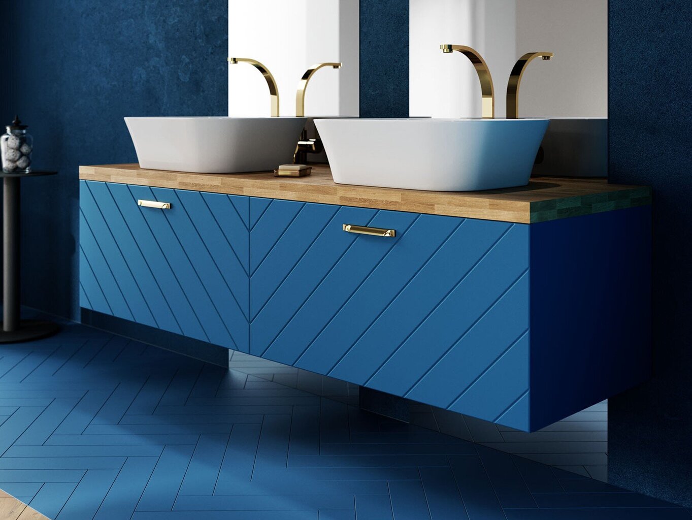 Dubults vannas istabas skapītis Besco Floo 120 ar Oak galda virsmu, balts/zelta cena un informācija | Vannas istabas skapīši | 220.lv