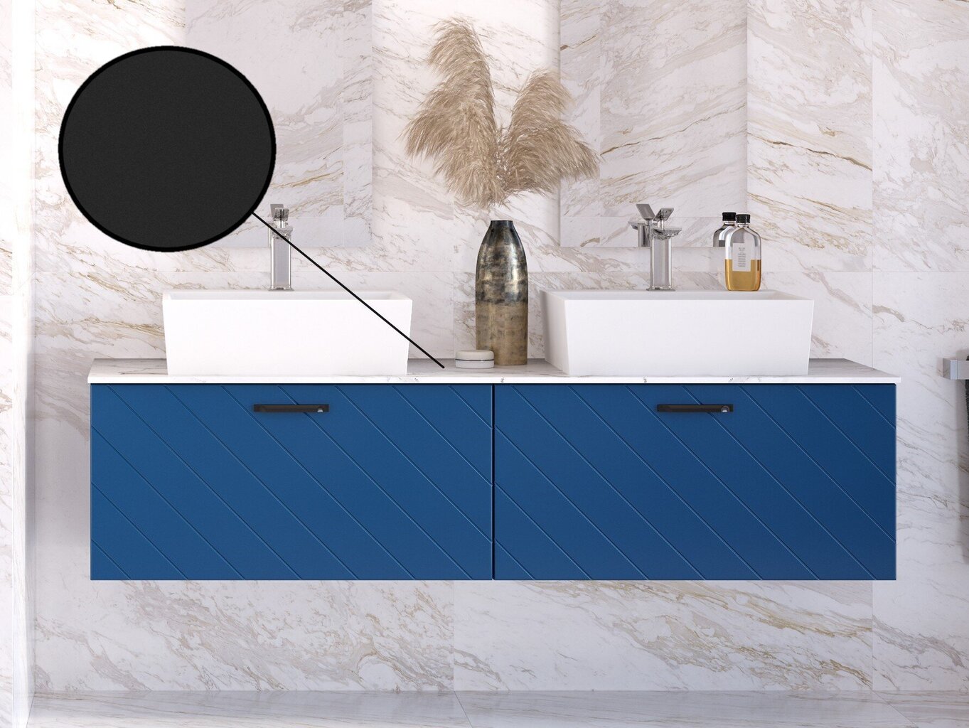 Dubults vannas istabas skapītis Besco Floo 160 ar Slim black galda virsmu, zils/melns cena un informācija | Vannas istabas skapīši | 220.lv