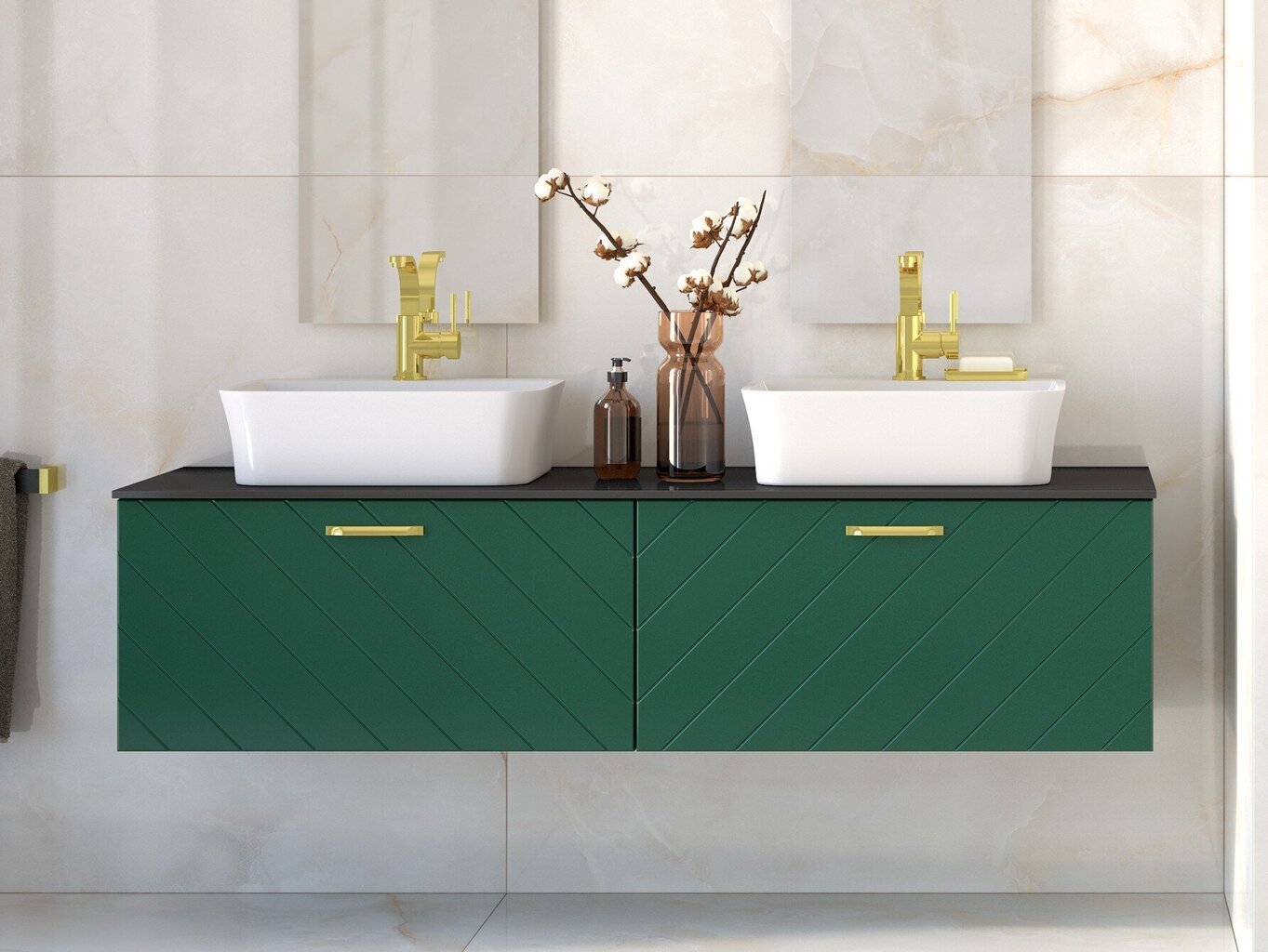 Dubults vannas istabas skapītis Besco Floo 160 ar Oak galda virsmu, zaļš/melns cena un informācija | Vannas istabas skapīši | 220.lv