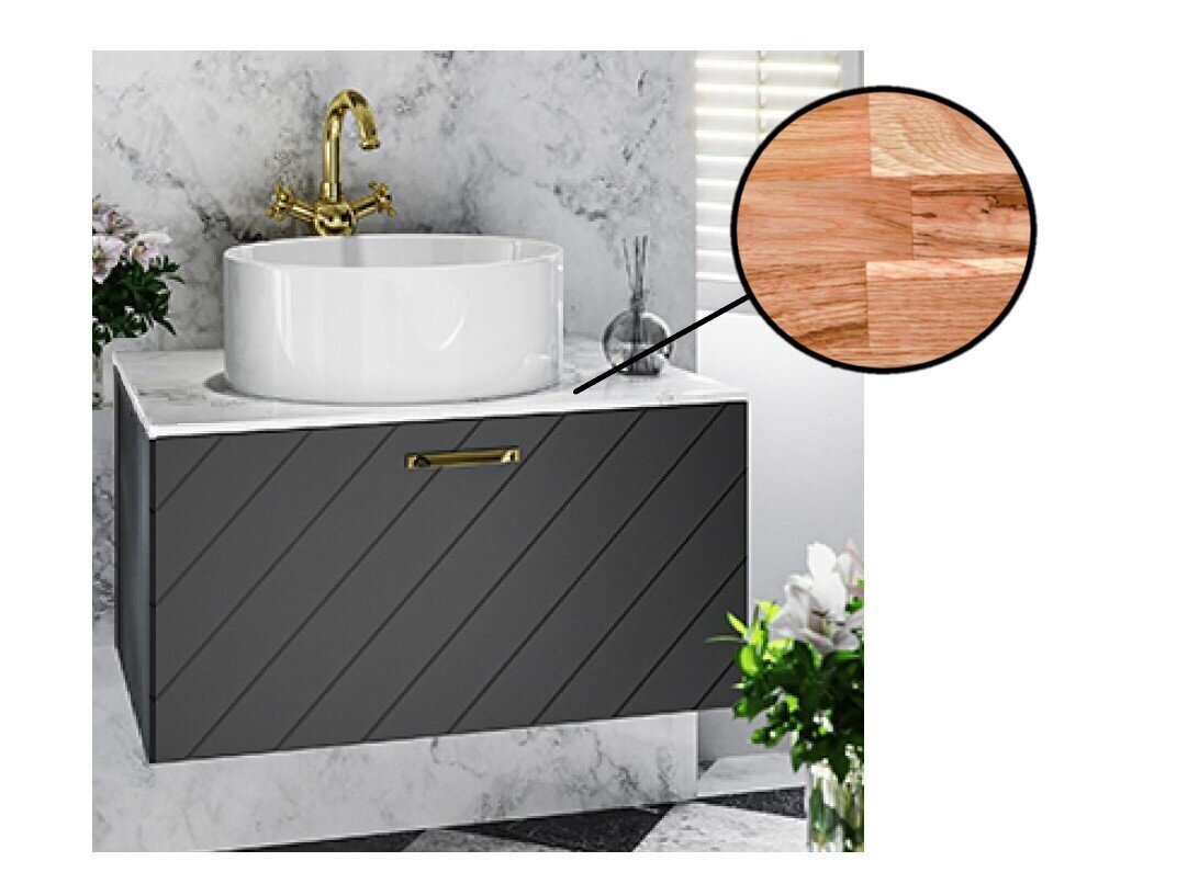 Vannas istabas skapītis Besco Floo 80 ar Oak galda virsmu, melns/zelta cena un informācija | Vannas istabas skapīši | 220.lv